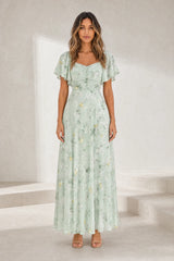 Long square-neck dress with flounce sleeves
