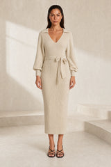 Long V-Neck Balloon Sleeve Dress