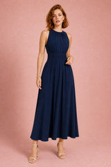 Ruched-Waist Sleeveless Midi Dress