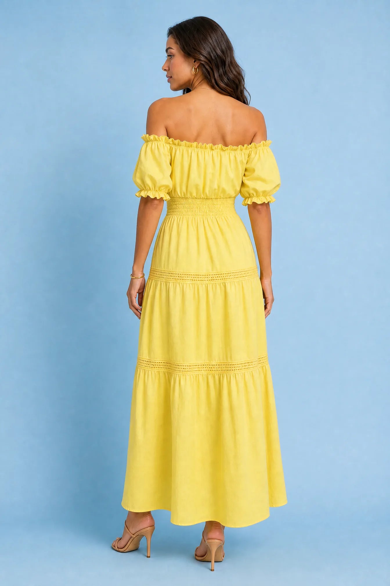 Robe longue jaune épaules dénudées | Vue de dos | Lounelle Paris