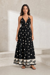 Black Floral Backless Maxi Dress