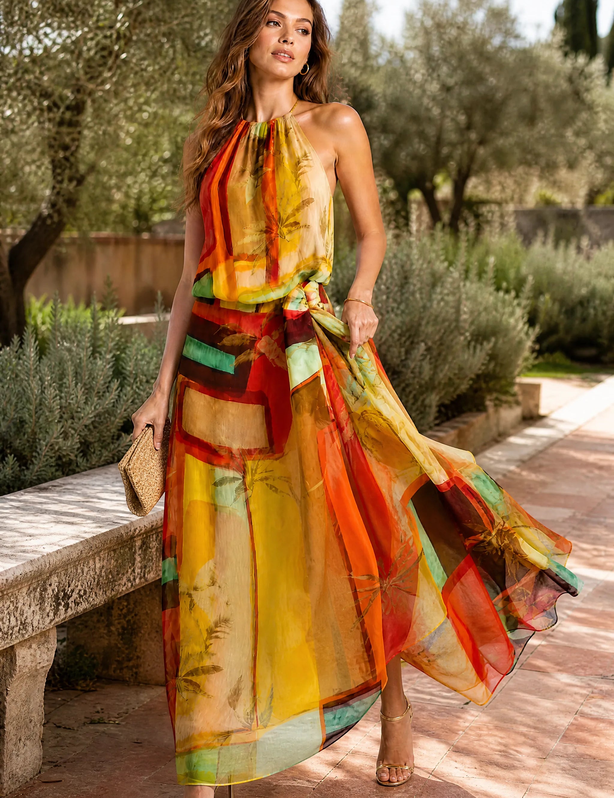 Robe longue orange col licou | Photo lifestyle | Lounelle Paris