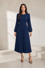 Long pleated dress with puffy sleeves