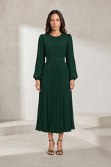 Long pleated dress with puffy sleeves