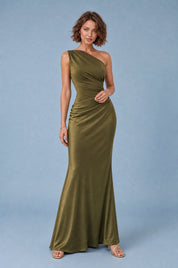 Robe longue satinée à une épaule | Variante Vert | Lounelle Paris