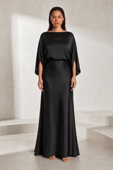 Bateau Neck Satin Maxi Dress