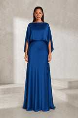 Bateau Neck Satin Maxi Dress