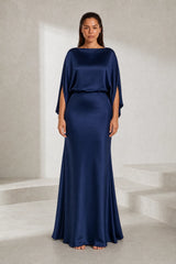 Bateau Neck Satin Maxi Dress