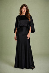 Satin Boat-Neck Cape-Sleeve Maxi Dress
