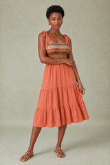Smocked Tiered Midi Dress with Tie-Shoulder Straps