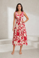 Red Floral Midi Backless Dress