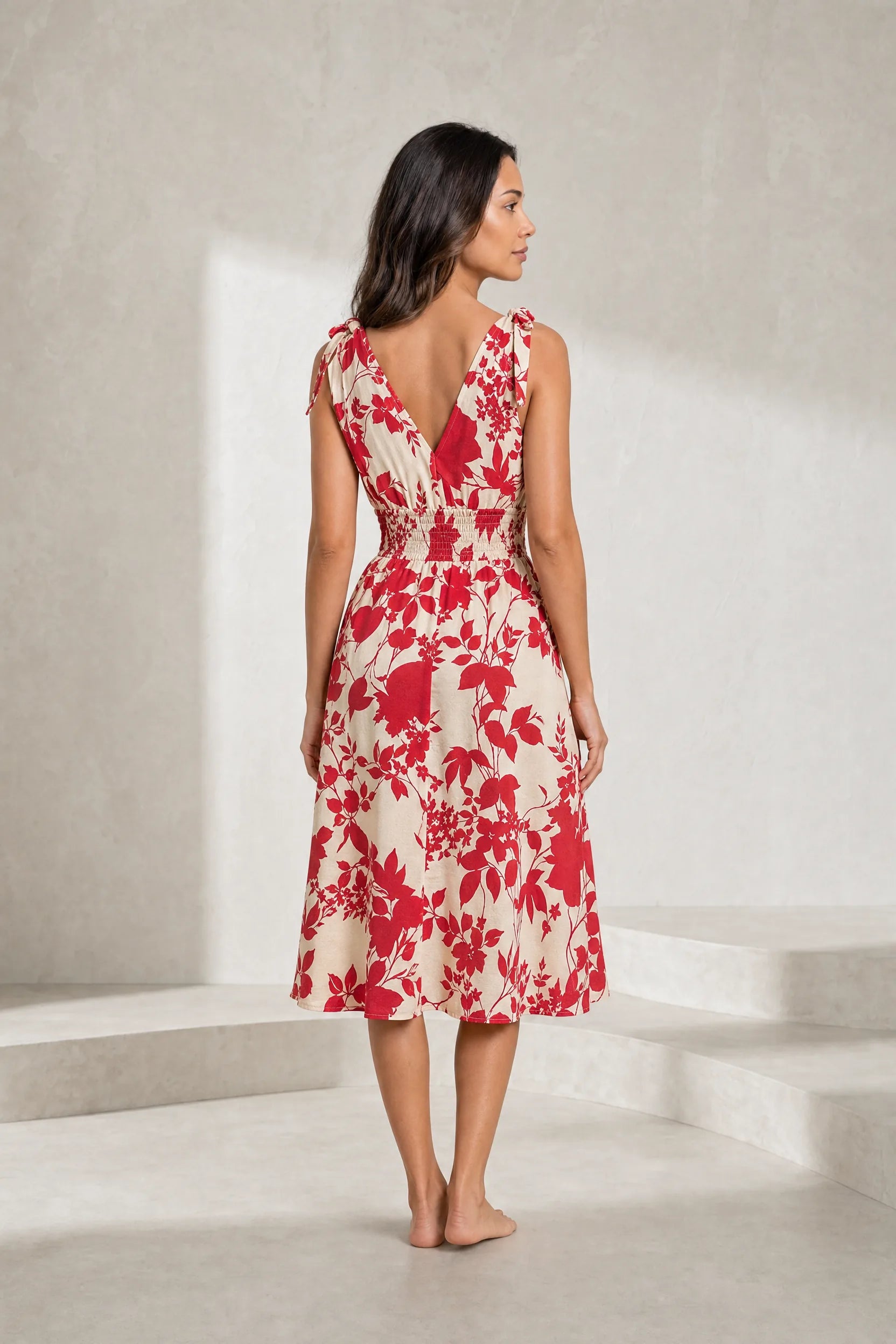 Robe midi rouge fleurie dos nu | Lounelle Paris