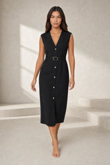 Black V-Neck Belted Dress