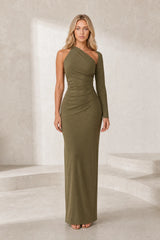 Olive asymmetrical open-back dress