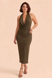 Robe olive col licou dos nu | Porté sur une autre silhouette | Lounelle Paris