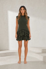 Dark Green High-Neck Ruffle Dress