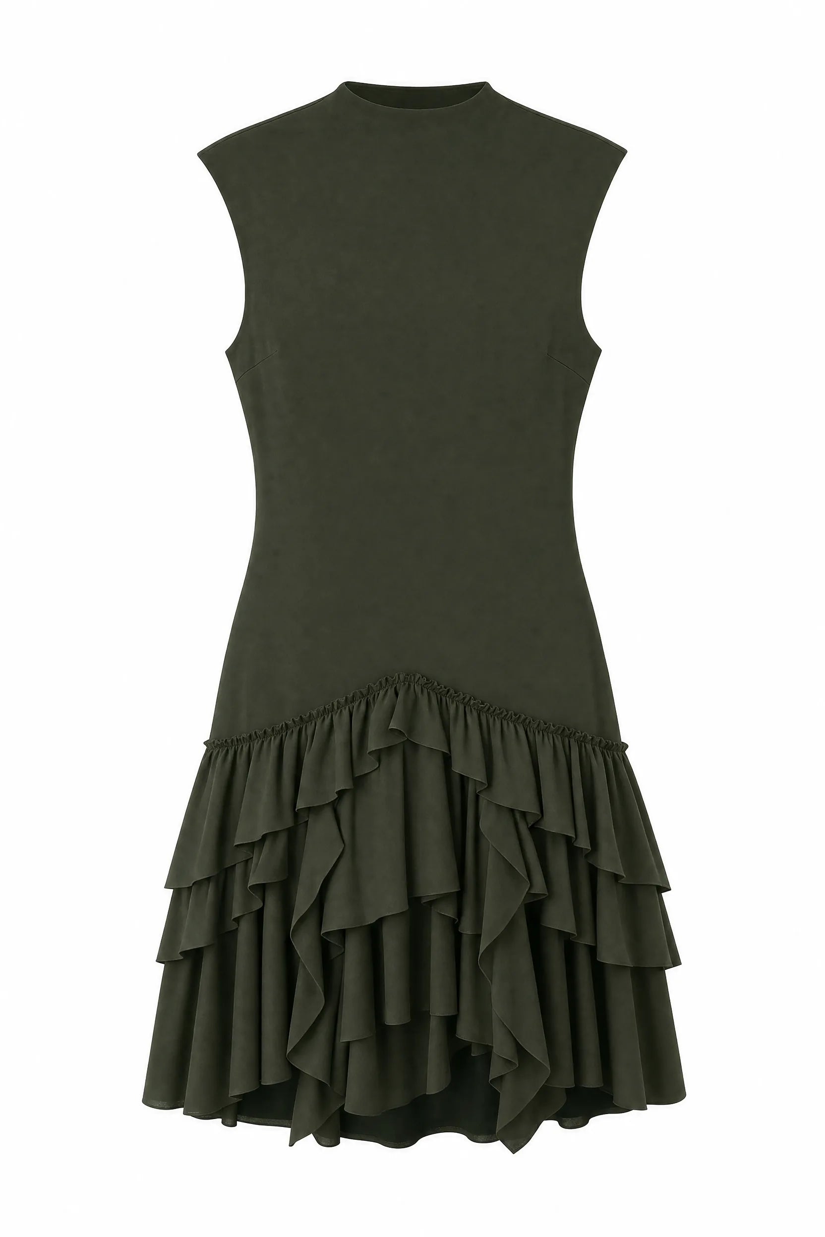 Robe vert foncé col montant à volants | Lounelle Paris