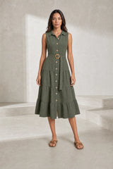 Robe vert militaire col chemise ceinturée
