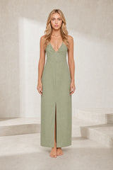 Long green backless dress