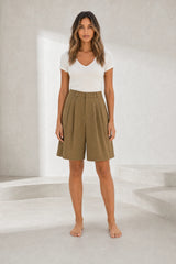 Brown Pleated Wide-Leg Shorts