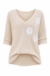 T-shirt beige col V fleurs brodées | Lounelle Paris