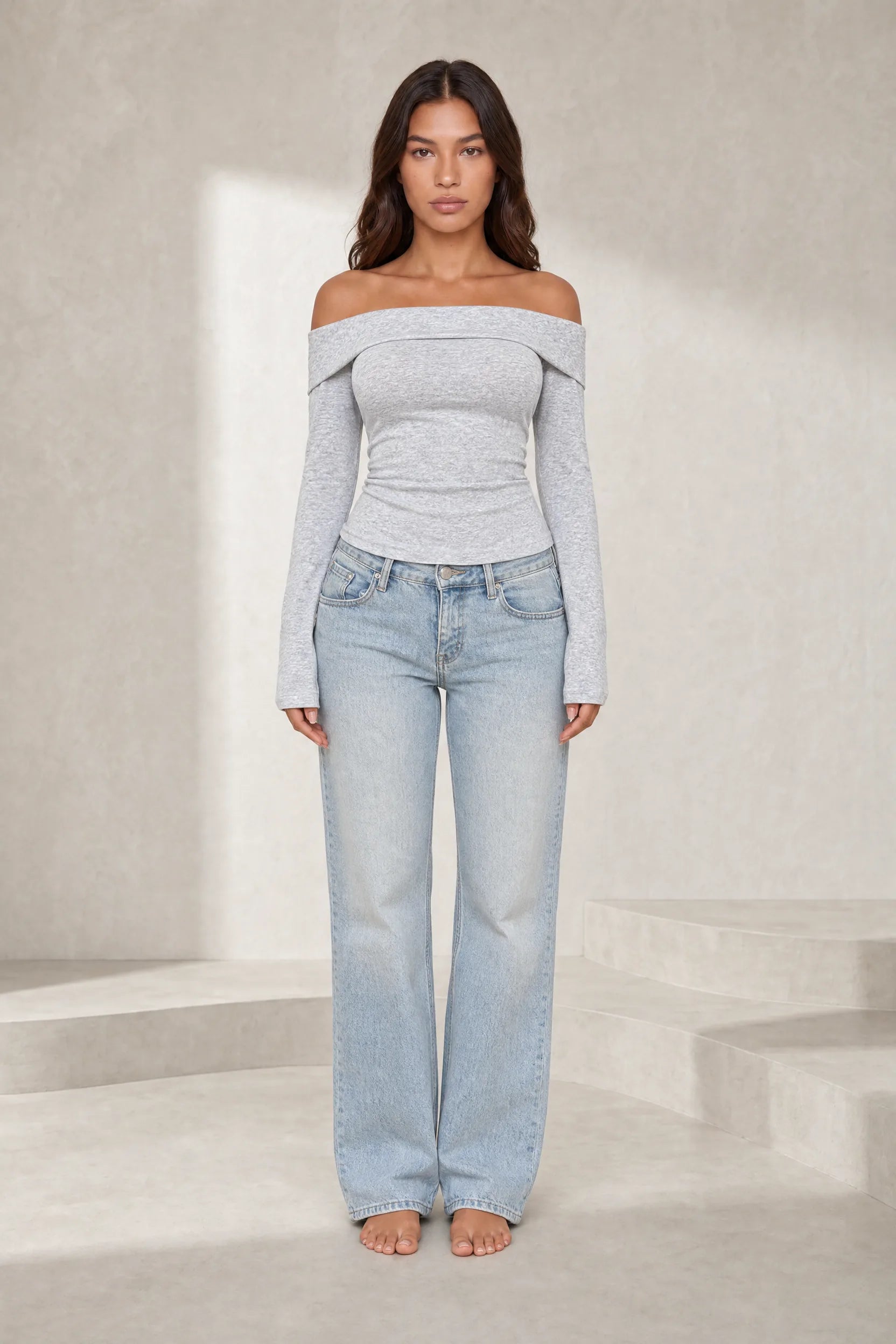 Top gris clair épaules dénudées manches longues | Lounelle Paris