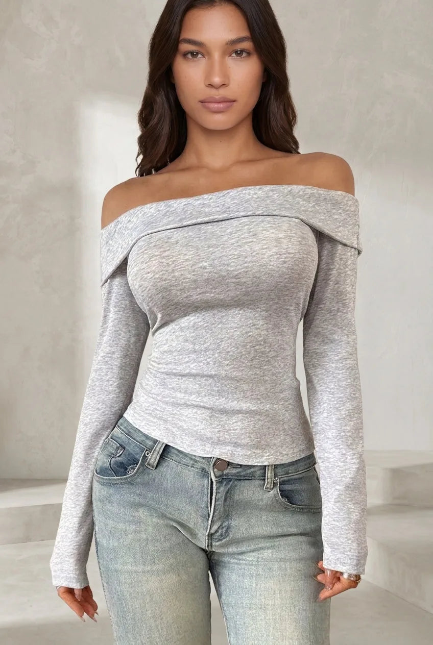 Top gris clair épaules dénudées manches longues | Lounelle Paris