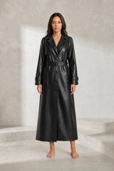 Long Black Faux Leather Trench Coat