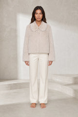 Beige Faux Fur Polo Collar Jacket