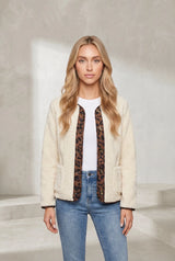 Beige Sherpa Jacket with Leopard Trim