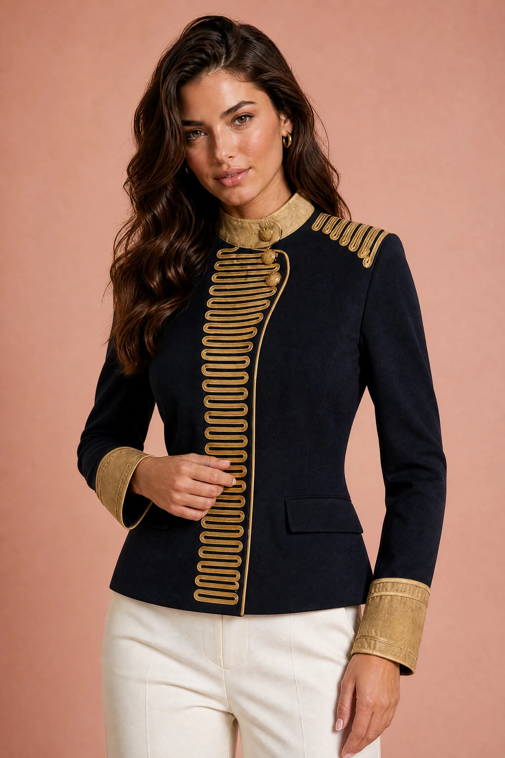 Veste bleu foncé broderies dorées | Vue rapprochée | Lounelle Paris