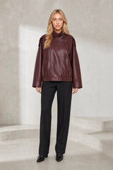 Oversized leather jacket with stand-up collar