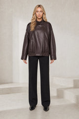 Oversized leather jacket with stand-up collar