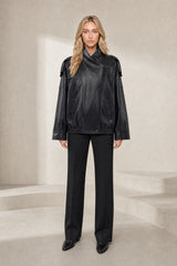 Oversized leather jacket with stand-up collar
