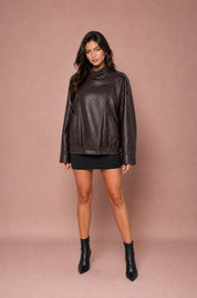 Veste en cuir ample col montant | Variante Marron | Lounelle Paris